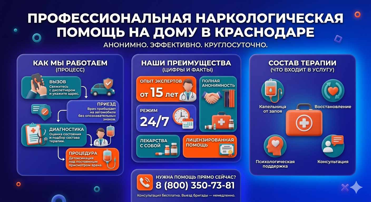 Инфографика о принципах лечения алкоголизма на дому в Советском: этапы вызова нарколога, преимущества анонимной детоксикации и состав медицинской помощи.